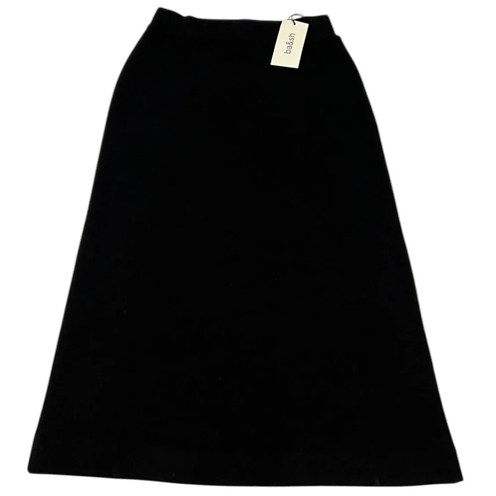 NWT Ba&Sh Jupe Holly Knit Midi Skirt Black A-Line‎ Elastic Waist 1